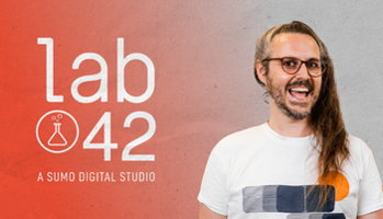 the Lab42 Logo alongside a picture of a smiling person with long hair and glasses